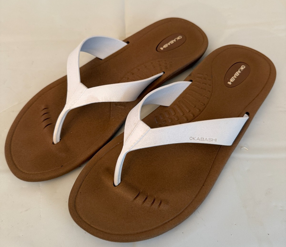Okabashi Women's Large Comfort Flip Flops White Brown Made in USA Sandals